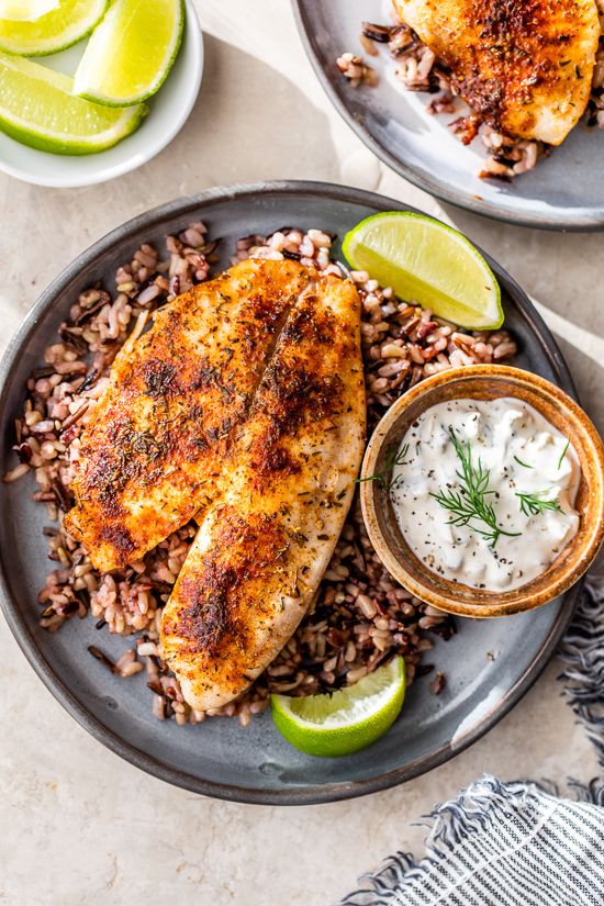 Blackened Fish with Key Lime Tartar and wild rice