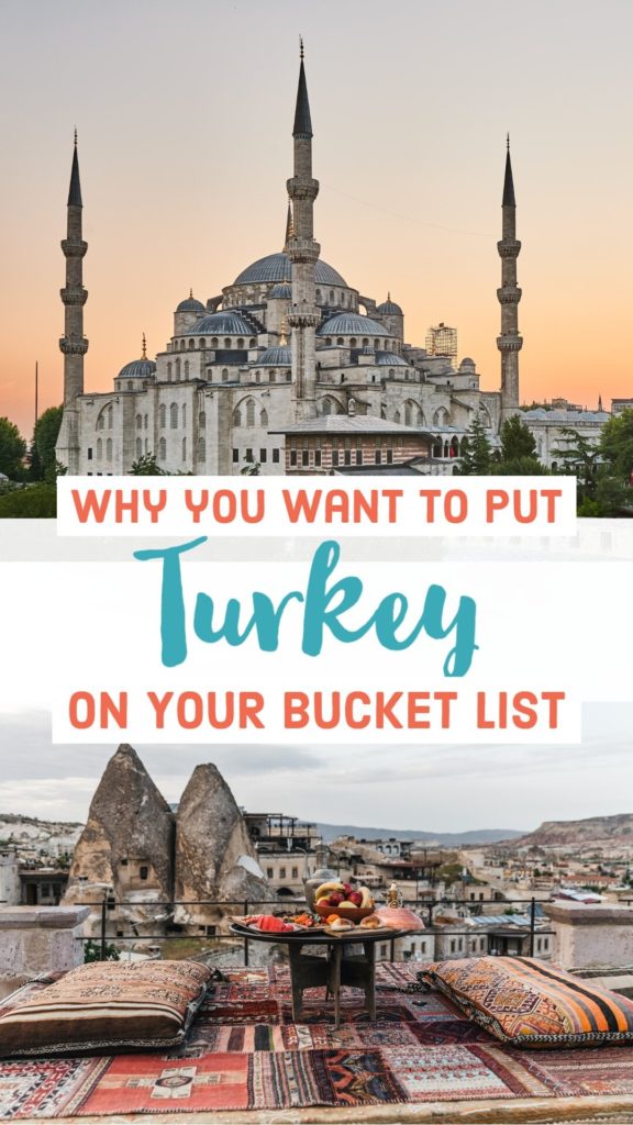 pin image promoting turkey bucket list with the blue mosque and tea setting