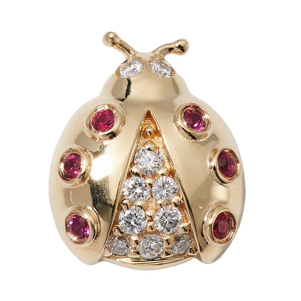 14k Gold Ruby Diamond Ladybug Single Stud Earring