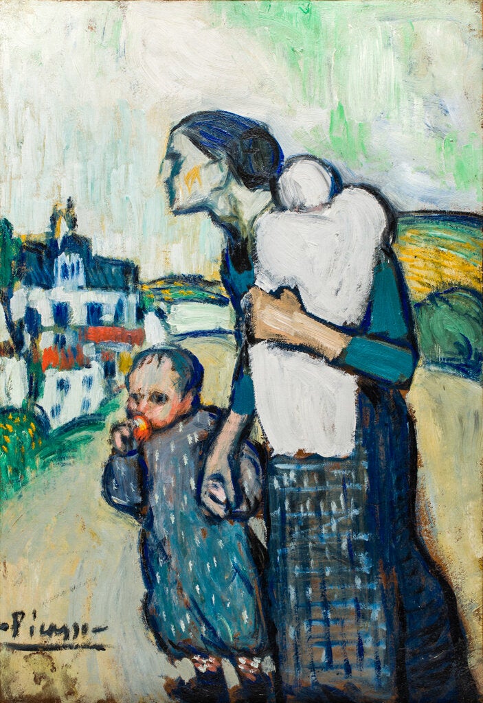 A painting of a 30-ish woman in bony profile, hurrying into town beneath a cloudy, green-smudged sky. She grips the hand of her chubby male toddler (who chomps distractedly on an apple) and carries her second child on her shoulder.