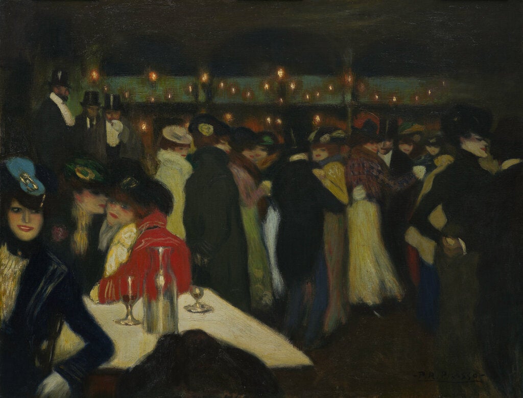 Early oil painting by Picasso of a French dance hall shows a string of lights running along the top, a sorority of women in gauzy long dresses and rouged cheeks chatting, their heads close together. One person in the foreground is wearing a red jacket, and a woman with a pointed chin is at far right, in black.