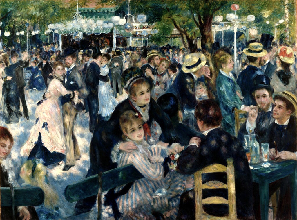 A painting by Pierre-Auguste Renoir depicts the crowded scene at the open-air dance garden with young women in long dresses dancing with elegant men. The men are in dark jackets and straw hats. One person in the front has an arm around a woman in a striped dress.
