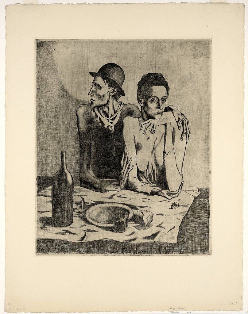 Picasso depicted socially marginalized characters with enormous sympathy, showing their empty plate and too-thin bodies.