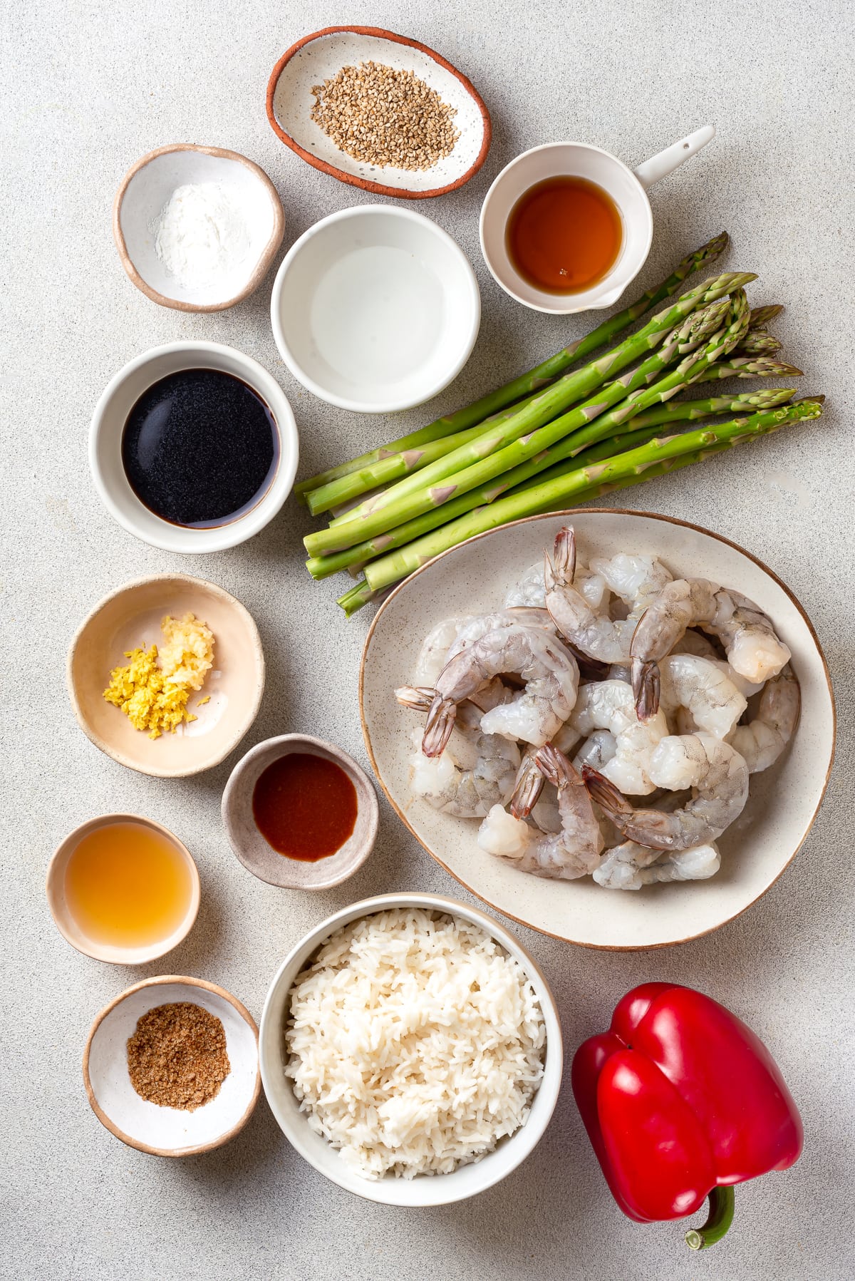 Overhead view of shrimp stir fry ingredients