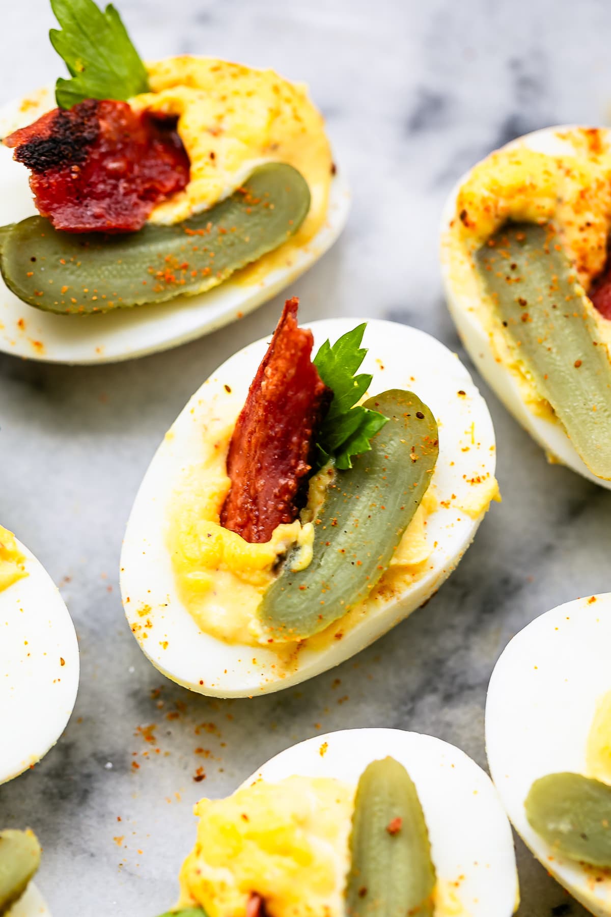 hard boiled eggs with pickles and bacon