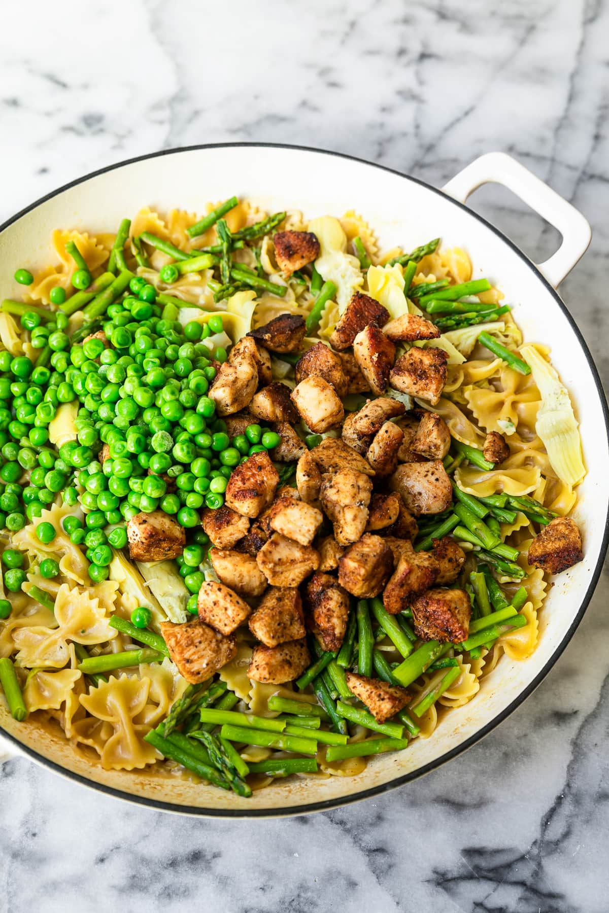 pasta, peas, chicken and asparagus