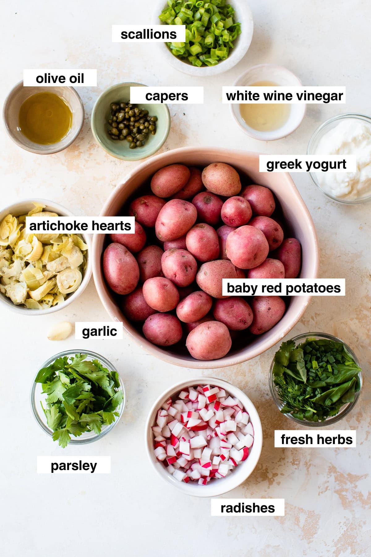 potatoes, herbs, radishes, artichokes